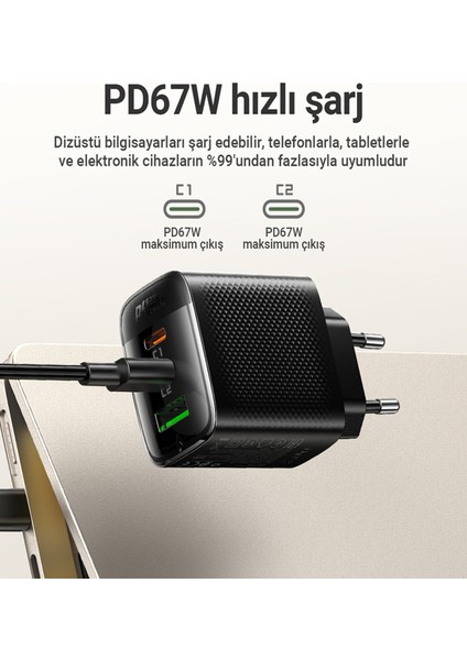 67W PD 2X USB-C + USB-A 3 Port Hızlı Şarj Aleti Isı Düşüren GaN Destekli Akım Korumalı Güç Adaptörü iPhone & Android & iPad & MacBook Type-C - A108 (Acefast Türkiye Garantili)