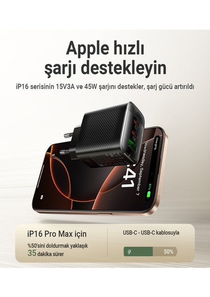 67W PD 2X USB-C + USB-A 3 Port Hızlı Şarj Aleti Isı Düşüren GaN Destekli Akım Korumalı Güç Adaptörü iPhone & Android & iPad & MacBook Type-C - A108 (Acefast Türkiye Garantili)