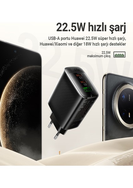 67W PD 2X USB-C + USB-A 3 Port Hızlı Şarj Aleti Isı Düşüren GaN Destekli Akım Korumalı Güç Adaptörü iPhone & Android & iPad & MacBook Type-C - A108 (Acefast Türkiye Garantili)