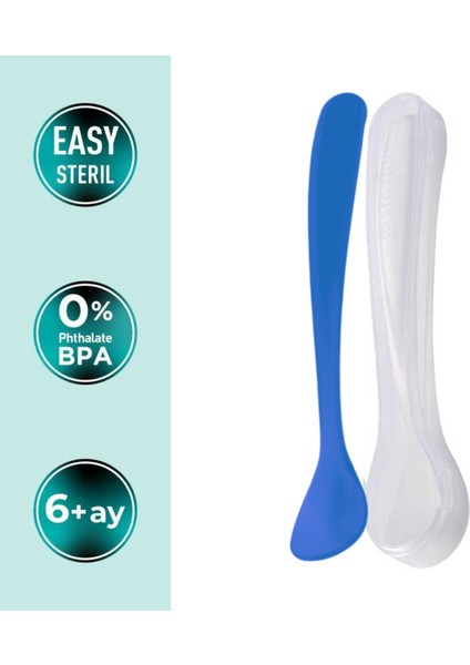 Ergonomik Beslenme Mama Kaşığı & Saklama Kutusu, Mavi & Beyaz, 6ay+, İkili Set indirimleri