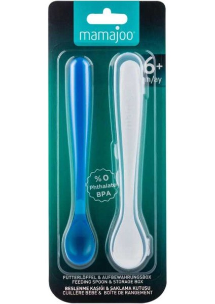 Ergonomik Beslenme Mama Kaşığı & Saklama Kutusu, Mavi & Beyaz, 6ay+, İkili Set
