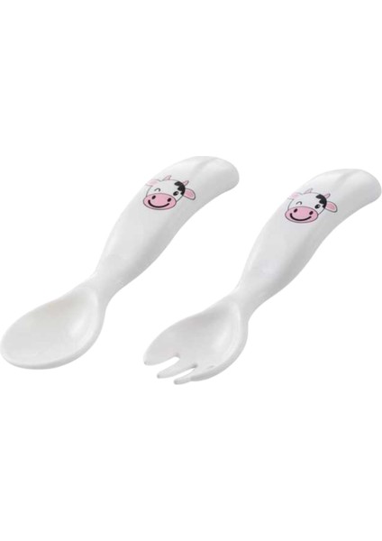Eğitici Ergonomik Bebek Mama Kaşık Çatal Seti, İnek Desenli, Beyaz, İkili Set