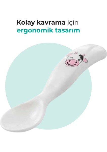 Eğitici Ergonomik Bebek Mama Kaşık Çatal Seti, İnek Desenli, Beyaz, İkili Set fiyatları