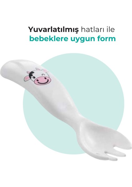 Eğitici Ergonomik Bebek Mama Kaşık Çatal Seti, İnek Desenli, Beyaz, İkili Set modelleri