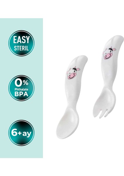 Eğitici Ergonomik Bebek Mama Kaşık Çatal Seti, İnek Desenli, Beyaz, İkili Set fırsatları