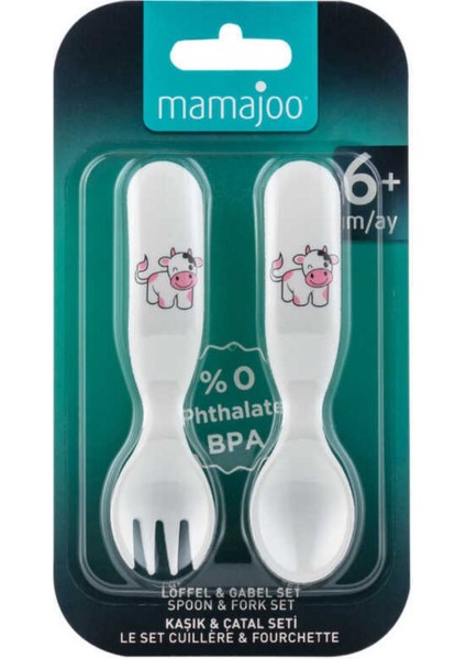Eğitici Ergonomik Bebek Mama Kaşık Çatal Seti, İnek Desenli, Beyaz, İkili Set