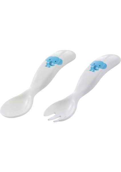 Eğitici Ergonomik Bebek Mama Kaşık Çatal Seti, Fil Desenli, Beyaz
