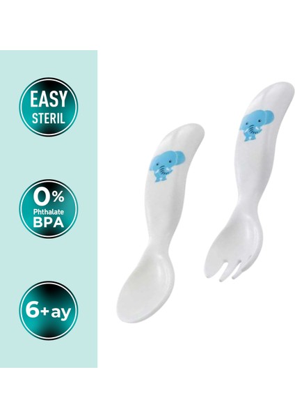 Eğitici Ergonomik Bebek Mama Kaşık Çatal Seti, Fil Desenli, Beyaz fırsatları