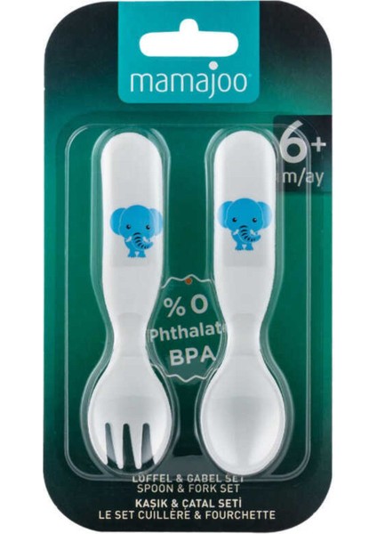 Eğitici Ergonomik Bebek Mama Kaşık Çatal Seti, Fil Desenli, Beyaz