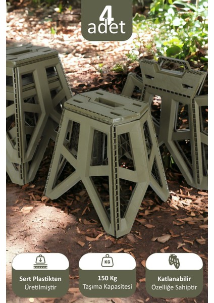 Portatif Taşınabilir Katlanabilir Tank Tabure Kamp Piknik Balıkçı Plaj Taburesi Yeşil 4 Adet