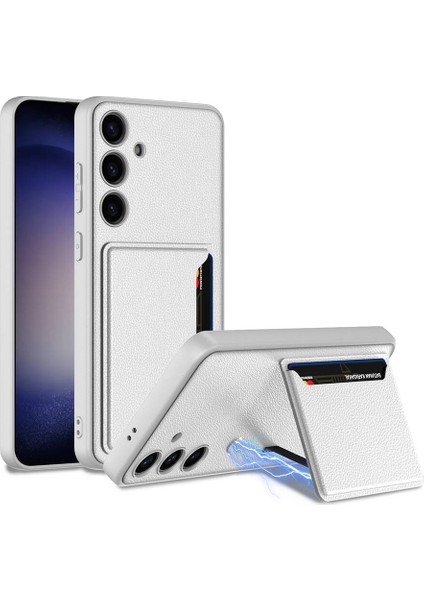 Galaxy Uyumlu S24 Plus Suni Deri Arka Yüzey Zore Kartlıklı Kıpta Silikon Kapak-Gümüş