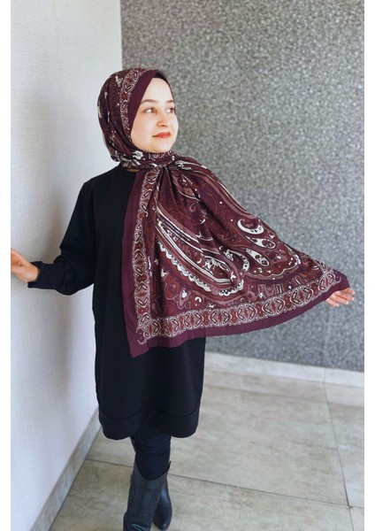 Retro Desenli Kadın Şal Bordo Estascarf