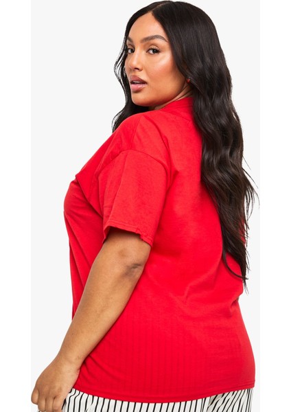 Büyük Beden Kadın Tişört %100 Pamuk Kırmızı Oversize Saınt Tropez Yaz Baskılı Yazlık Model modelleri