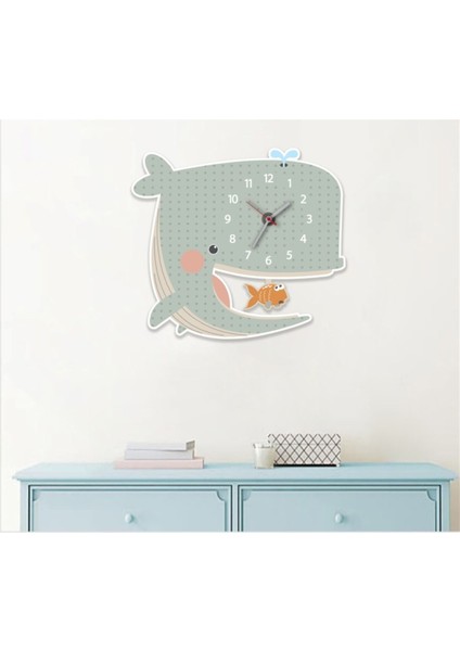 Renkli Ahşap Balina Sarkaçlı Çocuk Odası Duvar Saati