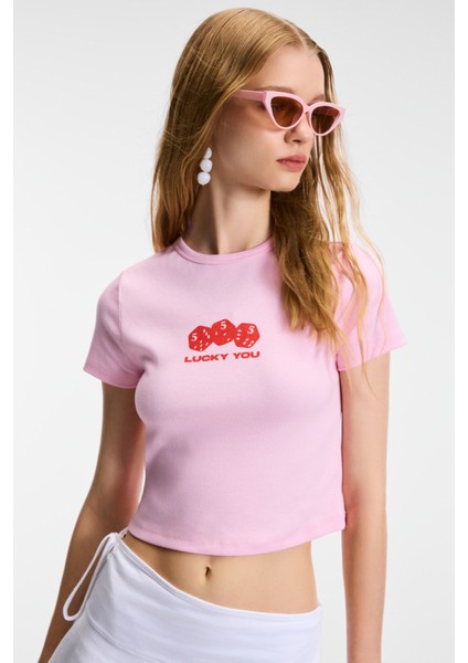 Novelle Kadın Bisiklet Yaka Kısa Kollu Önü Baskılı Crop Pembe T-Shirt