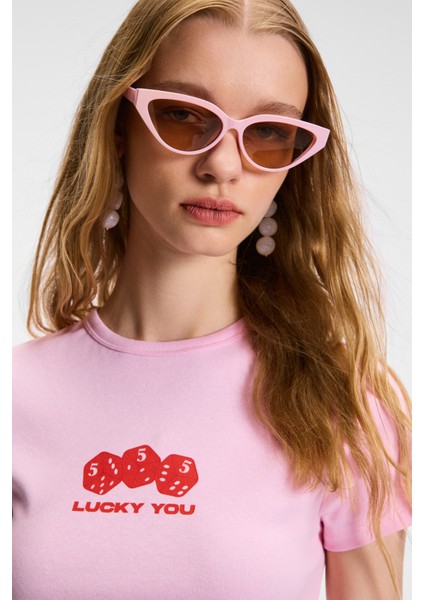 Novelle Kadın Bisiklet Yaka Kısa Kollu Önü Baskılı Crop Pembe T-Shirt fiyatları