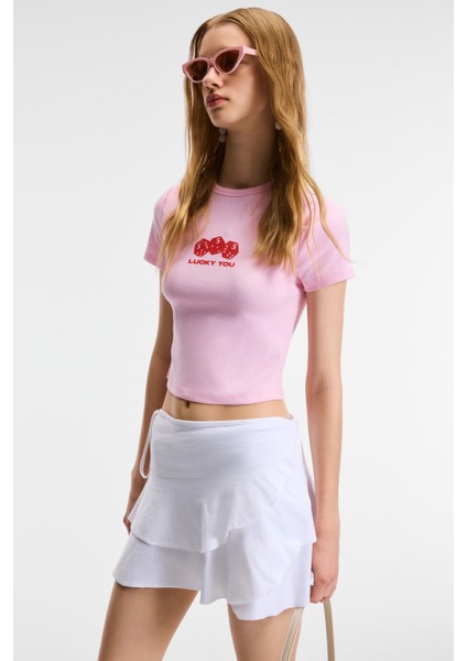 Novelle Kadın Bisiklet Yaka Kısa Kollu Önü Baskılı Crop Pembe T-Shirt modelleri