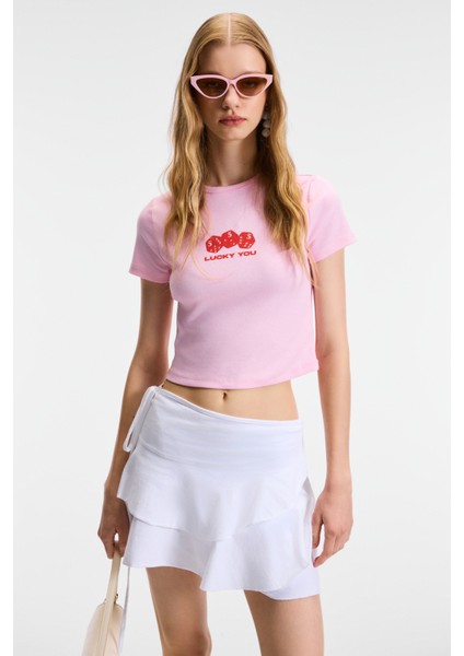 Novelle Kadın Bisiklet Yaka Kısa Kollu Önü Baskılı Crop Pembe T-Shirt fırsatları