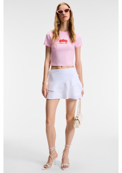 Novelle Kadın Bisiklet Yaka Kısa Kollu Önü Baskılı Crop Pembe T-Shirt indirimleri
