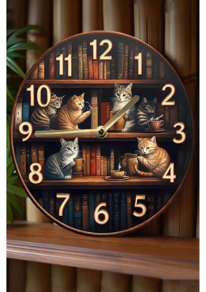 Sessiz Yuvarlak Ahşap Duvar Saati, Kuvars Hareketli, 2d Kedi Deseni