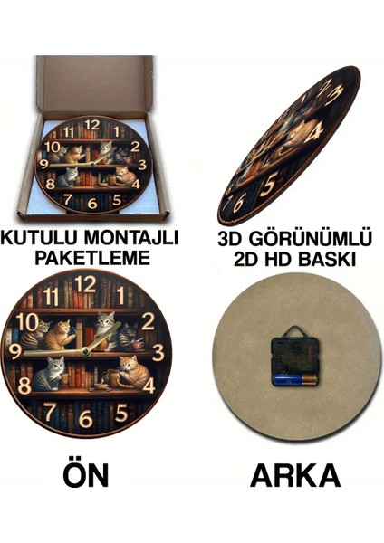 Sessiz Yuvarlak Ahşap Duvar Saati, Kuvars Hareketli, 2d Kedi Deseni indirimleri
