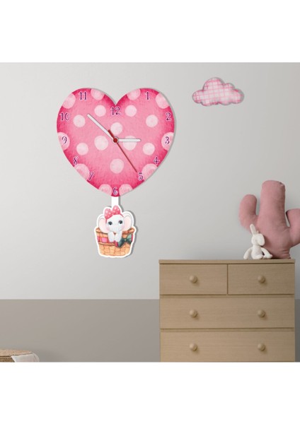 Ahşap Balon Fil Temalı Çocuk Odası Duvar Saati, Pembe Renkli, Şık ve Eğlenceli Tasarım