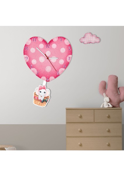 Ahşap Balon Fil Temalı Çocuk Odası Duvar Saati, Pembe Renkli, Şık ve Eğlenceli Tasarım fiyatları
