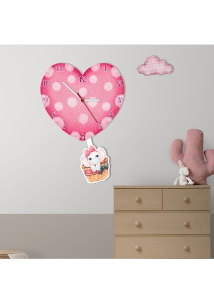 Ahşap Balon Fil Temalı Çocuk Odası Duvar Saati, Pembe Renkli, Şık ve Eğlenceli Tasarım modelleri