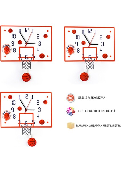 Renkli Ahşap Sarkaçlı Basketbol Temalı Çocuk Odası Duvar Saati