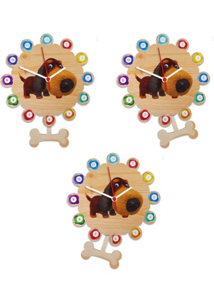 Renkli Ahşap Sarkaçlı Köpek Kemik Temalı Sessiz Duvar Saati