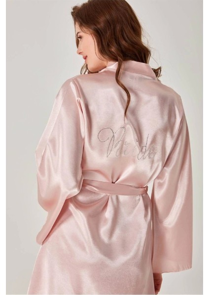 Kadın Gelin Pudra Mini Kuşaklı Şık Taşlı Bride Sabahlık modelleri