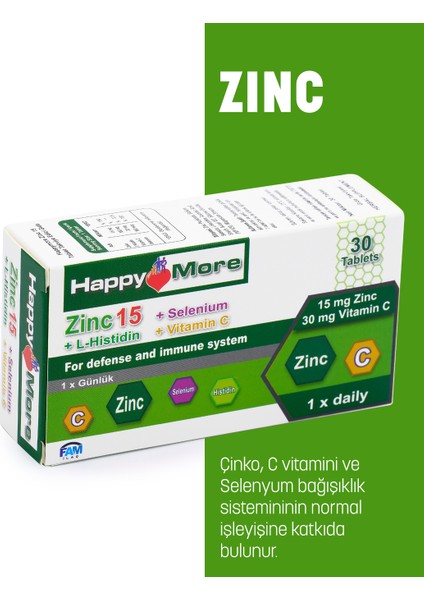 HappyMore Çinko, Selenyum, Histidin ve C Vitamini Içeren 30 Tablet Takviye Edici Gıda