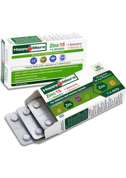 HappyMore Çinko, Selenyum, Histidin ve C Vitamini Içeren 30 Tablet Takviye Edici Gıda