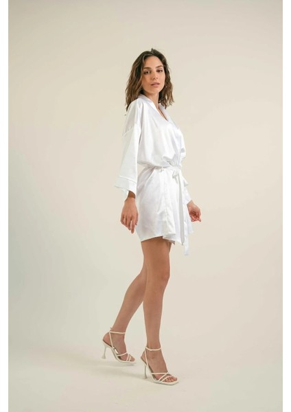 Kadın Gelin Beyaz Mini Kuşaklı Şık Taşlı Bride Sabahlık fırsatları