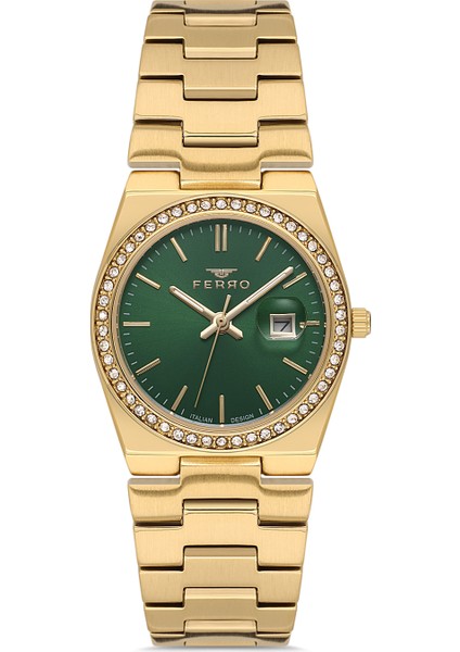 FL21596AWT-B6 Quartz Çelik Altın Rengi Yeşil Kadran 30 mm Kadın Kol Saati