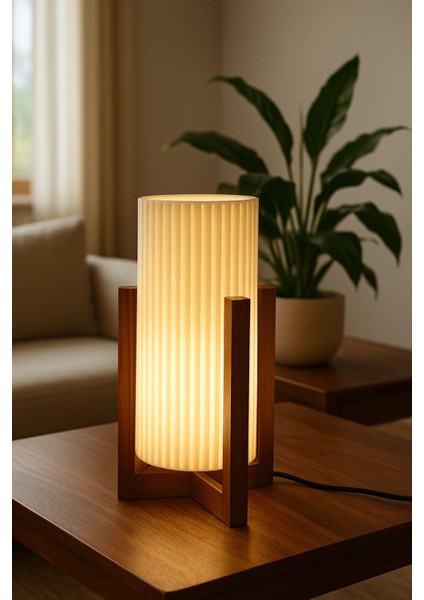 Ahşap Ayaklı Silindir Masa Lambası – Modern LED Aydınlatma, Gece Lambası ve Çalışma Masası Işığı