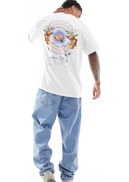 Büyük Beden Erkek Tişört %100 Pamuk Beyaz Oversize Narenciye Baskılı Yazlık