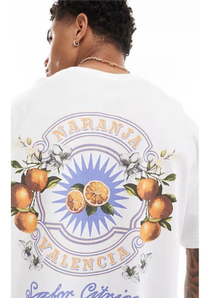 Büyük Beden Erkek Tişört %100 Pamuk Beyaz Oversize Narenciye Baskılı Yazlık fiyatları