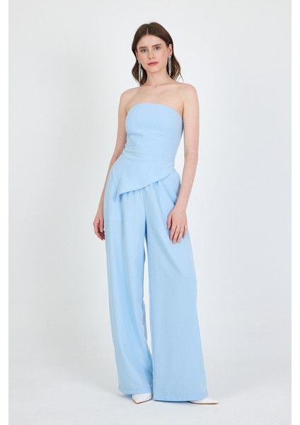 Bebe Mavi Straplez Asimetrik Bluz Pantolon Takım 5234