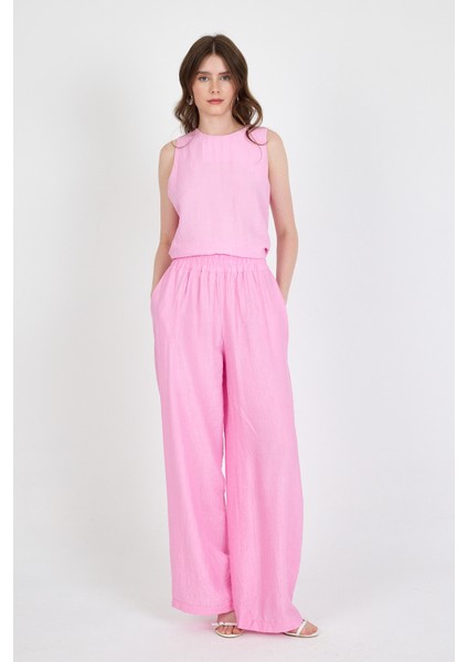 Şeker Pembe Asimetrik Kesim Bluz Pantolon Ikili Takım 5219