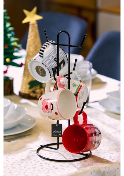 Tr Siyah 6 Bölmeli Bardak Askılık, Kupa, Fincan Kancalı Mutfak Tezgah Düzenleyici - Metal Paslanmaz