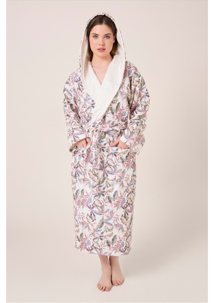 Fiore Desenli Dijital Baskılı Kapüşonlu Bornoz