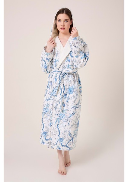 Blue Gladiolo Fiore Desenli Dijital Baskılı Kapüşonlu Bornoz