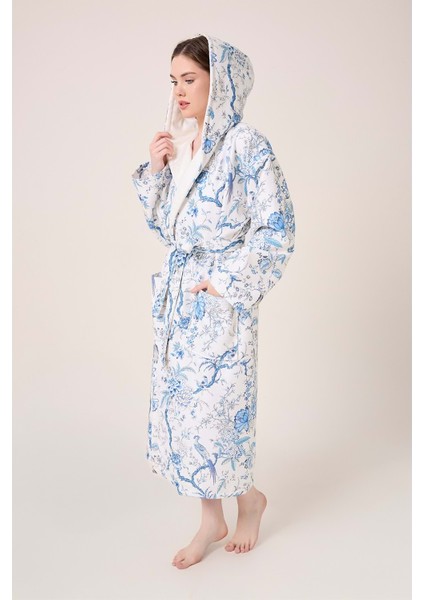 Blue Gladiolo Fiore Desenli Dijital Baskılı Kapüşonlu Bornoz fiyatları