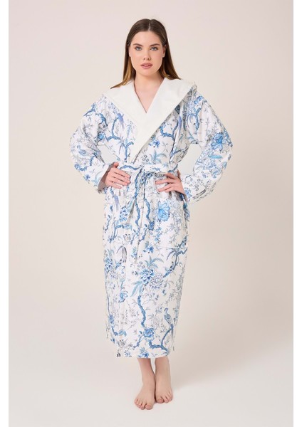 Blue Gladiolo Fiore Desenli Dijital Baskılı Kapüşonlu Bornoz modelleri