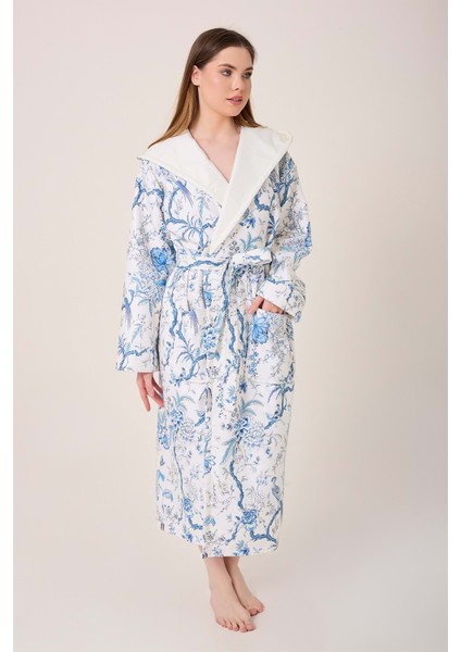 Blue Gladiolo Fiore Desenli Dijital Baskılı Kapüşonlu Bornoz fırsatları