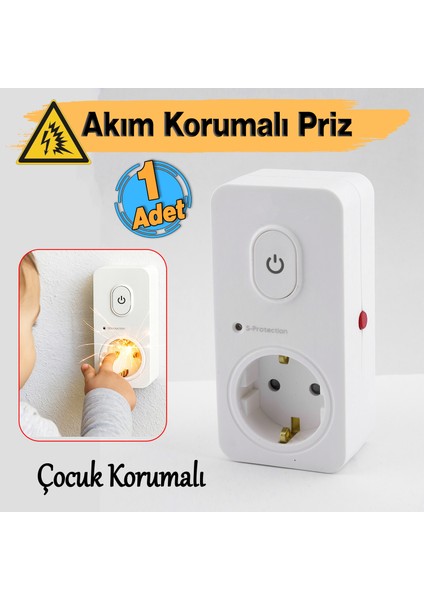 Anahtarlı Akım & Şok Korumalı Tekli Priz Açma Kapama Düğmeli Çoçuk Korumalı Fiş 720 Joule IP20