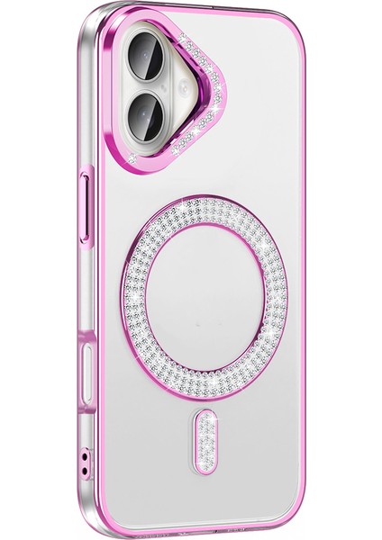 iPhone Uyumlu 16 Kılıf Pırlanta Taş Tasarımlı M-Safe Şarj Özellikli Zore Karetta Silikon Kapak-Rose Gold