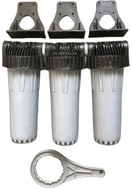 Su Arıtma Daire Girişi 10" 3lü Filtre Kabı 3/4" In-Out Gri Renk