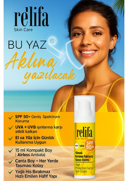 Relifa Spf 50+ Güneş Kremi 2'li Set | 15 ml Airless Ambalaj | El ve Yüz Için | Çanta Boy